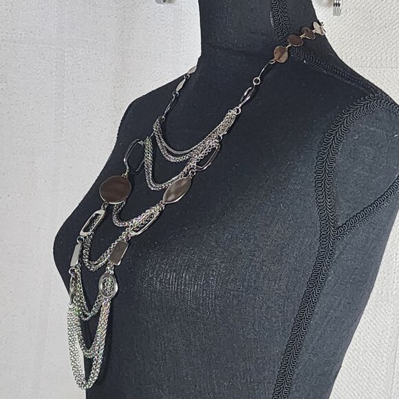 Chico's Vtg Sliver Tone Circle Square Chunky Layered Bib Statement 19" Necklace - Picture 8 of 16